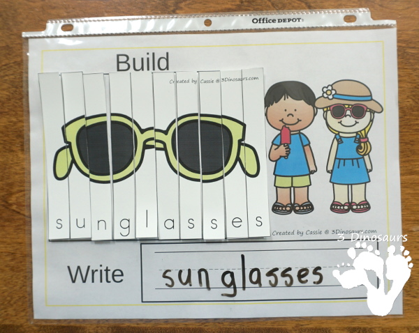 Free Hands-On Learning with Summer Themed Spelling Puzzles - work on summer words with 10 puzzles and recording mat. - 3Dinosaurs.com #freeprintable #spelling #handsonlearning #3dinosaurs