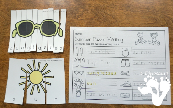 Free Hands-On Learning with Summer Themed Spelling Puzzles - work on summer words with 10 puzzles and recording mat. - 3Dinosaurs.com #freeprintable #spelling #handsonlearning #3dinosaurs