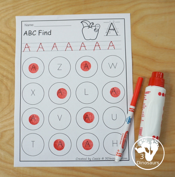  ABC Letter Find Uppercase or Lowercase Set - 52 pages of printables with an ABC find for each letter in uppercase only or lower case only options  with tracing and in black and white- 3Dinosaurs.com