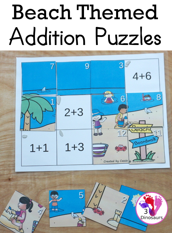 Free Beach Themed Addition Puzzle - with addition from 1 to 12 with a hands-on matching puzzles with a beach scene. - 3Dinosaurs.com