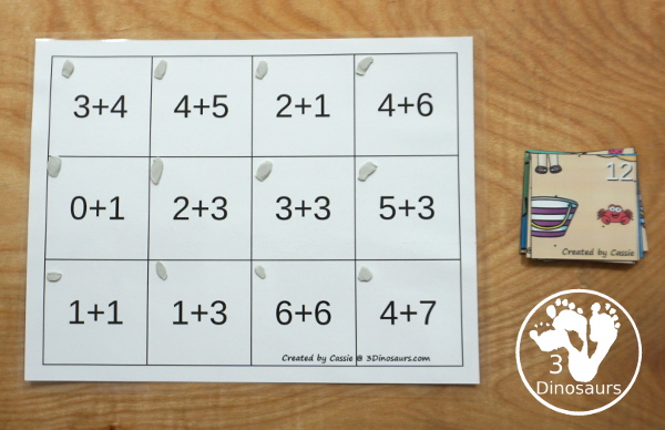 Free Beach Themed Addition Puzzle - with addition from 1 to 12 with a hands-on matching puzzles with a beach scene. - 3Dinosaurs.com