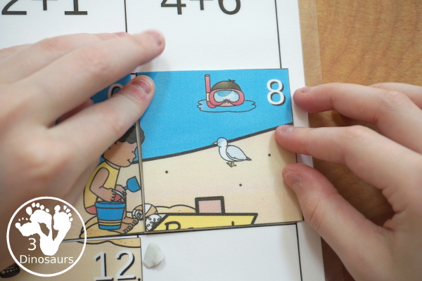 Free Beach Themed Addition Puzzle - with addition from 1 to 12 with a hands-on matching puzzles with a beach scene. - 3Dinosaurs.com