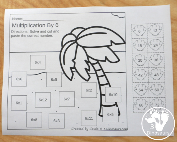 Beach Multiplication Cut & Paste - has multiplication from 1 to 12 with each page a great review of multiplication - 3Dinosaurs.com