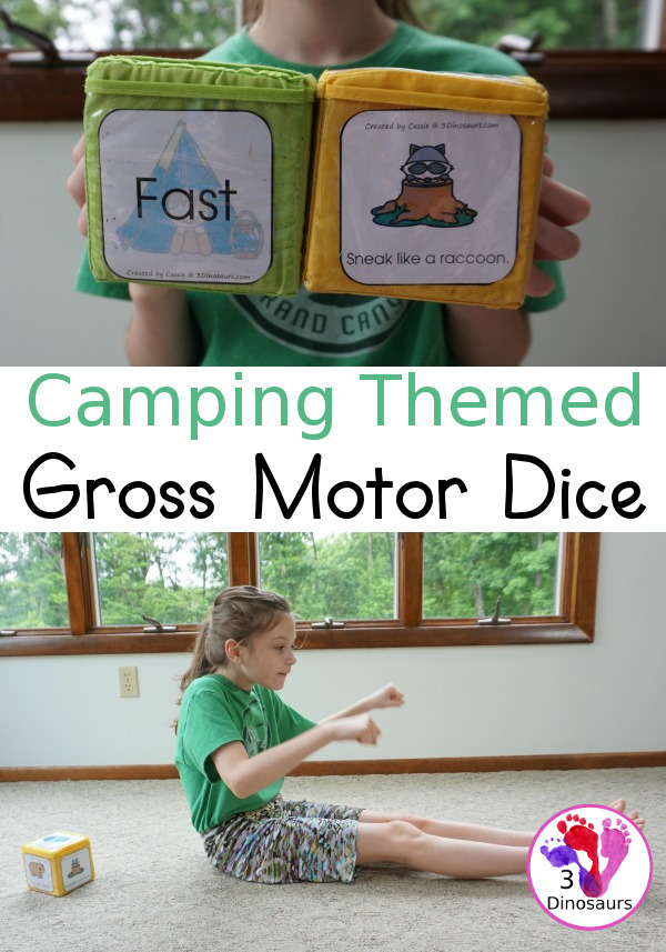 Free Camping Theme Gross motor Dice - it has 6 movements for kids to do and loads of fun - 3Dinosaurs.com