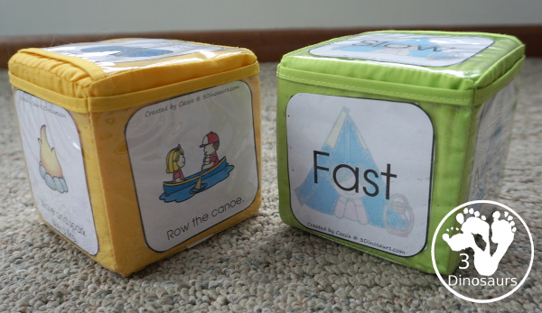 Free Camping Theme Gross motor Dice - it has 6 movements for kids to do and loads of fun - 3Dinosaurs.com