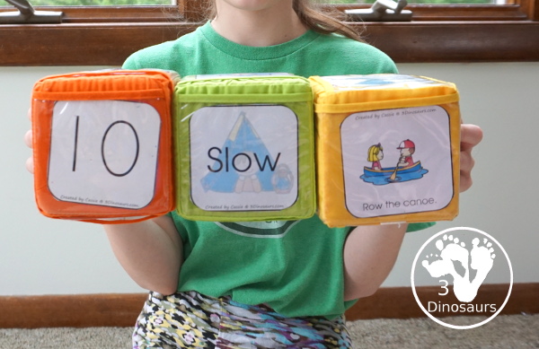 Free Camping Theme Gross Motor Dice - it has 6 movements for kids to do and loads of fun - 3Dinosaurs.com