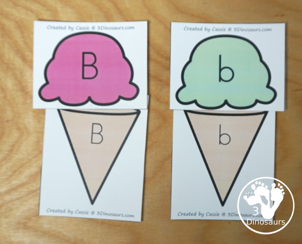 Free Ice Cream Cone ABC Matching - three cone types with 4 matching scoops for the cones. - 3Dinosaurs.com  #3dinosaurs #kindergarten #prek #ABCs #freeprintable
