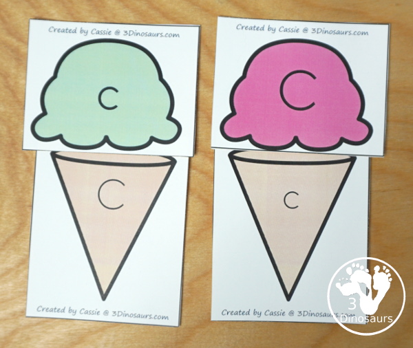 Free Ice Cream Cone ABC Matching - three cone types with 4 matching scoops for the cones. - 3Dinosaurs.com  #3dinosaurs #kindergarten #prek #ABCs #freeprintable