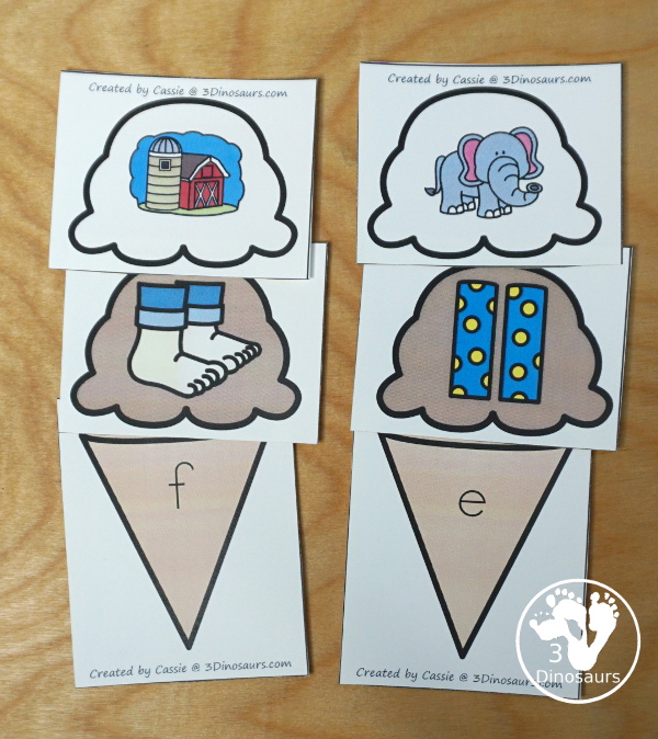 Free Ice Cream Cone ABC Matching - three cone types with 4 matching scoops for the cones. - 3Dinosaurs.com  #3dinosaurs #kindergarten #prek #ABCs #freeprintable