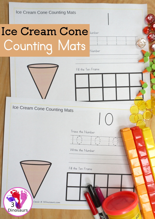 Free Ice Cream Cone Number Counting, Tracing & Writing Mats - it has number 1 to 10 with counting, tracing, writing and a ten frame to fill out - 3Dinosaurs.com  #3dinosaurs #kindergarten #prek #numbers #counting #freeprintable