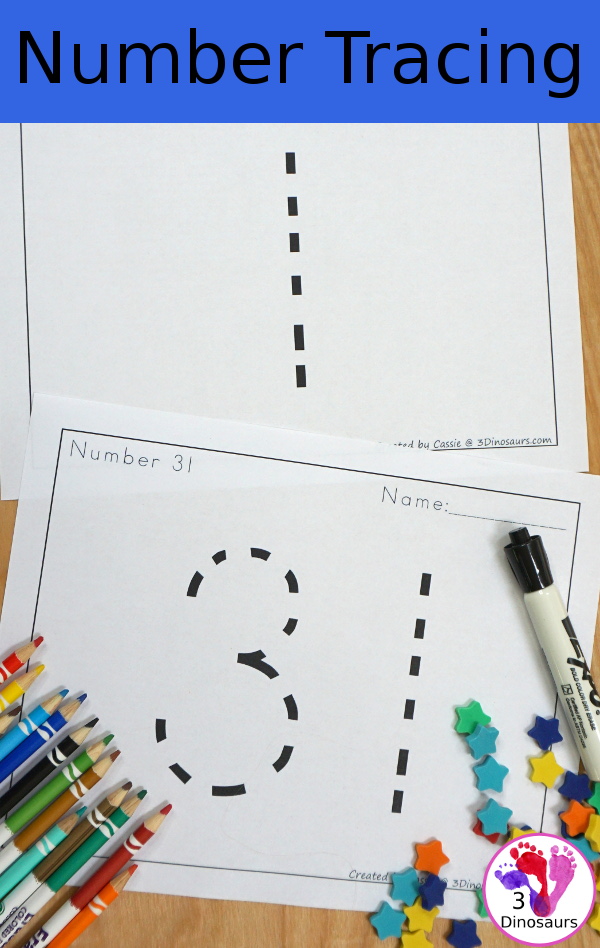 Free Number Tracing Pages Printable - large number handwriting tracing pages with numbers from 1 to 31 to match the calendar - 3Dinosaurs.com