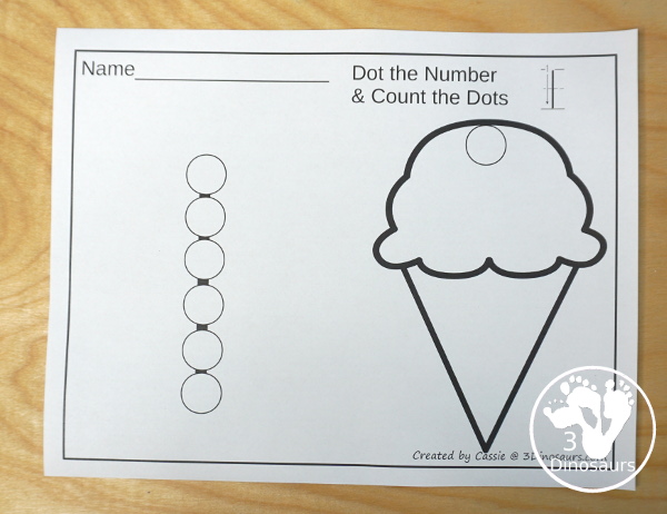 Summer Dot the Number & Counting: Sun, Ice Cream, & Watermelon - work on numbers 0 to 20 with colors and black and white page options - 3Dinosaurs.com  #3dinosaurs #kindergarten #prek #numbers #dotmarker #bingodauber #counting