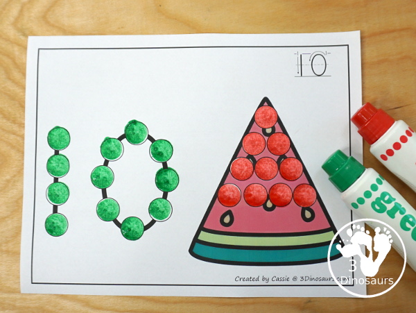 Summer Dot the Number & Counting: Sun, Ice Cream, & Watermelon - work on numbers 0 to 20 with colors and black and white page options - 3Dinosaurs.com #3dinosaurs #kindergarten #prek #numbers #dotmarker #bingodauber #counting