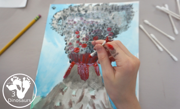 Volcano: Watercolor & Q-Tip Painting - a mix art painting of watercolor and paints with q-tip with the Magic Tree House Book Vacation Under the Volcano - 3Dinosaurs.com