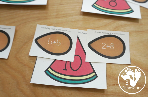 Free Watermelon Addition Matching - with 10 watermelon cards and matching seed cards with addition equations on them - 3Dinosaurs.com  #3dinosaurs #kindergarten #firstgrade #math #addition #freeprintable