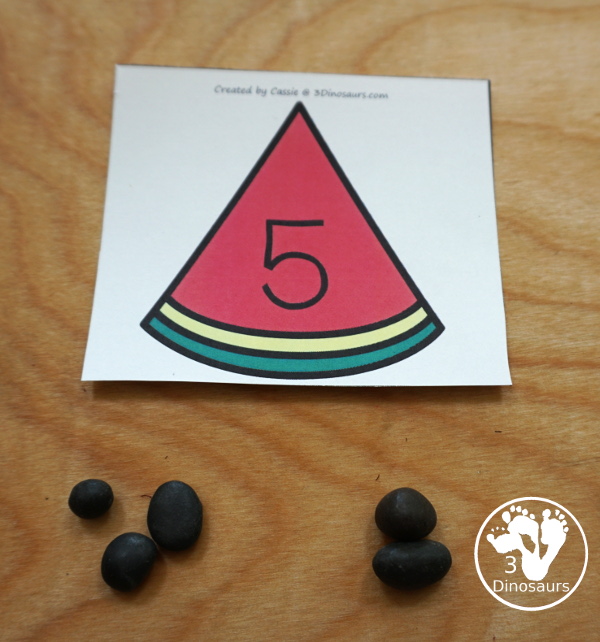 Free Watermelon Addition Matching - with 10 watermelon cards and matching seed cards with addition equations on them - 3Dinosaurs.com  #3dinosaurs #kindergarten #firstgrade #math #addition #freeprintable