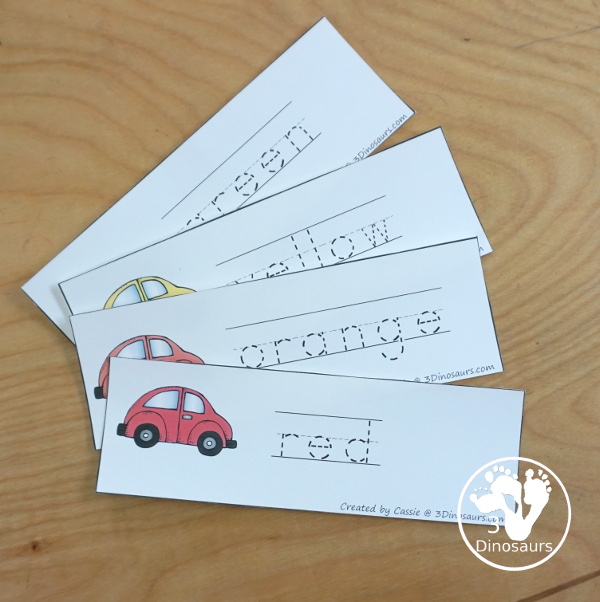 Car Color Pack - with 63 pages of printables with color easy reader book, color clip cards, color tracing strips, color writing strips, color pocket chart cards, color word writing, color word puzzles, and more all to work on learning color words. This is a great transportation theme - 3Dinosaurs.com-  - 3Dinosaurs.com