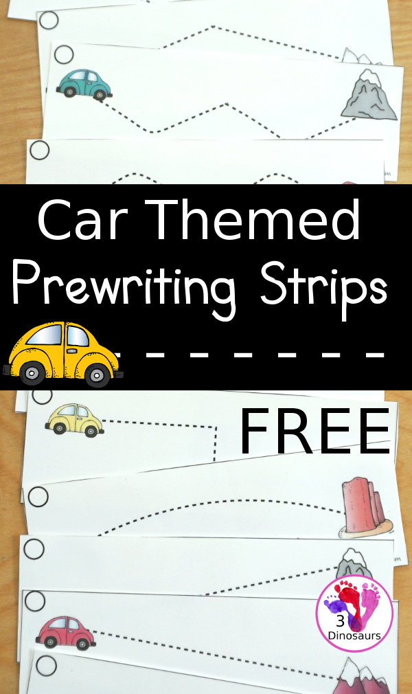Free Car Prewriting Strips - 12 different prewriting strips with a thin dotted line for kids to have fun working on prewriting - 3Dinosaurs.com