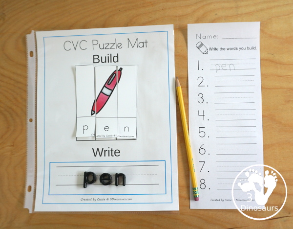 CVC Word Family Puzzles Set -  -ad, -ab, -ag, - am, -an, -ap, -ar, -at, -ax, -eb, -ed, -eg, -em, -en, -et, -ib, -id, -ig, -im, -in, -ip, -it, -ix, -ob, -od, -og, -om, -op, -ot, -ox, -ub, -ud, -ug, -um, -un, -up, -us, -ut, -ux; writing pages and buidling mats for the puzzles - Cost: $4 - 3Dinosaurs.com