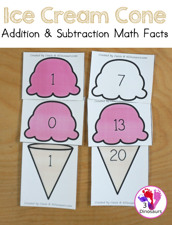 Free Ice Cream Cone Addition & Subtraction Matching Math Facts - with scoops, cones with numbers and math fact sheet and building math fact sheet help mat - 3Dinosaurs.com