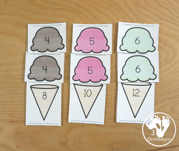 Free Ice Cream Cone Addition & Subtraction Matching Math Facts - with scoops, cones with numbers and math fact sheet and building math fact sheet help mat - 3Dinosaurs.com