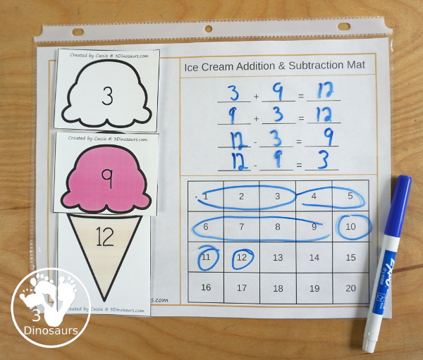 Free Ice Cream Cone Addition & Subtraction Matching Math Facts - with scoops, cones with numbers and math fact sheet and building math fact sheet help mat - 3Dinosaurs.com