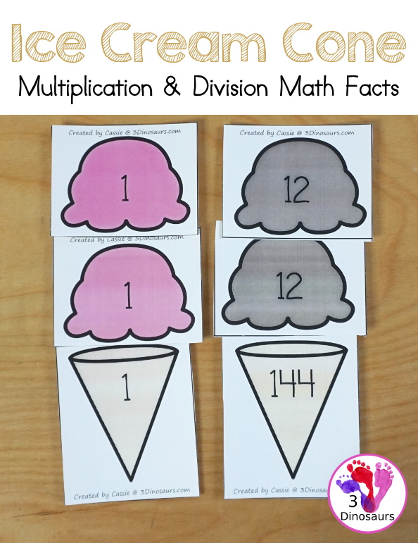 Free Multiplication & Division Ice Cream Cone Math Facts -  with scoops, cones with numbers and math fact sheet and building math fact sheet help mat - 3Dinosaurs.com 