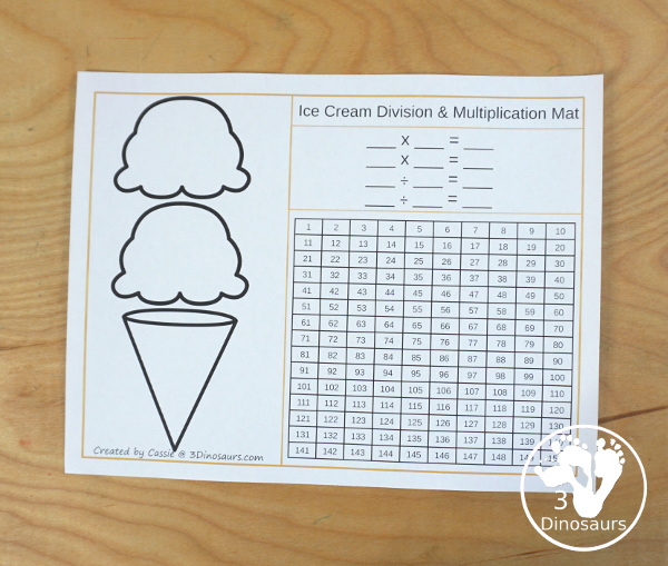 Free Multiplication & Division Ice Cream Cone Math Facts -  with scoops, cones with numbers and math fact sheet and building math fact sheet help mat - 3Dinosaurs.com 