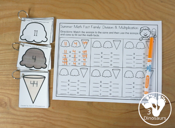 Free Multiplication & Division Ice Cream Cone Math Facts -  with scoops, cones with numbers and math fact sheet and building math fact sheet help mat - 3Dinosaurs.com 