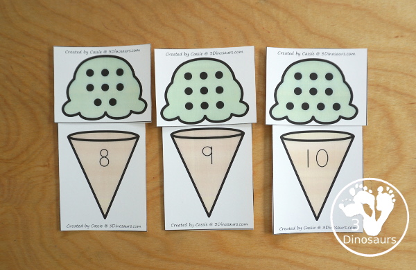 Free Ice Cream Subitizing Practice Matching Cards - Subitizing for dice, dot and tally marks plus number word with fun ice cream cones with the number digit to match - 3Dinosaurs.com