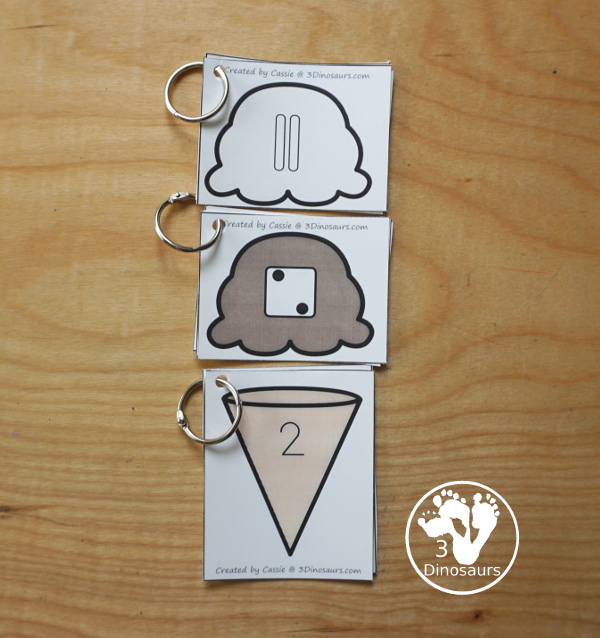 Free Ice Cream Subitizing Practice Matching Cards - Subitizing for dice, dot and tally marks plus number word with fun ice cream cones with the number digit to match - 3Dinosaurs.com