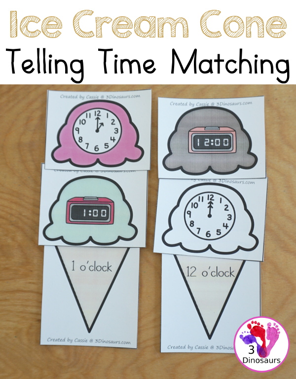 Free Telling Time Ice Cream Cone Matching - with hourly time matching activity for kids to do with words, digital clocks, and analog clocks. - 3Dinosaurs.com