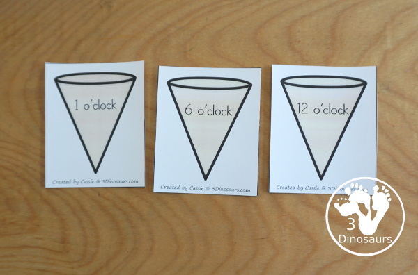  Free Telling Time Ice Cream Cone Matching - with hourly time matching activity for kids to do with words, digital clocks, and analog clocks. - 3Dinosaurs.com