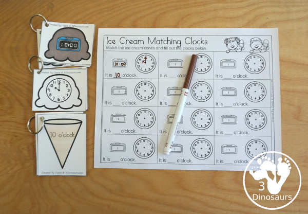  Free Telling Time Ice Cream Cone Matching - with hourly time matching activity for kids to do with words, digital clocks, and analog clocks. - 3Dinosaurs.com