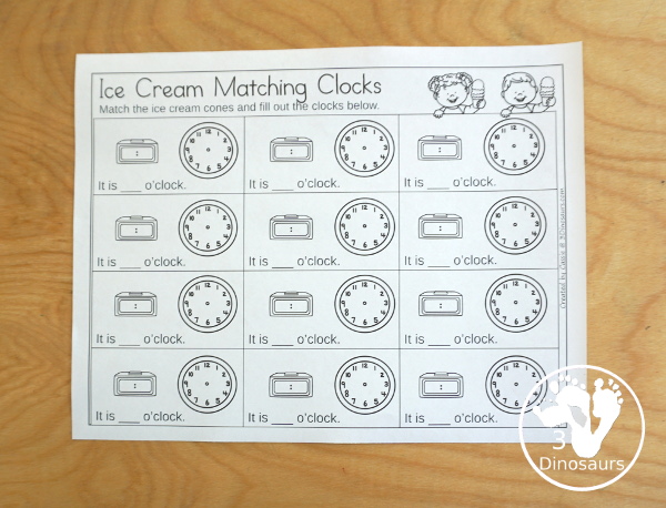  Free Telling Time Ice Cream Cone Matching - with hourly time matching activity for kids to do with words, digital clocks, and analog clocks. - 3Dinosaurs.com