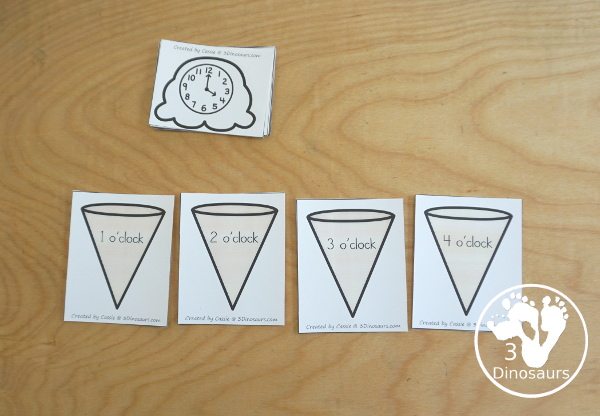  Free Telling Time Ice Cream Cone Matching - with hourly time matching activity for kids to do with words, digital clocks, and analog clocks. - 3Dinosaurs.com