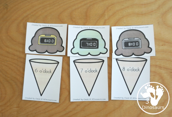  Free Telling Time Ice Cream Cone Matching - with hourly time matching activity for kids to do with words, digital clocks, and analog clocks. - 3Dinosaurs.com