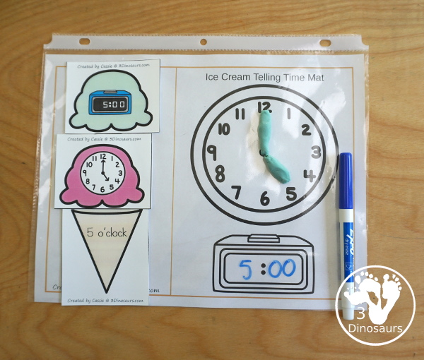  Free Telling Time Ice Cream Cone Matching - with hourly time matching activity for kids to do with words, digital clocks, and analog clocks. - 3Dinosaurs.com