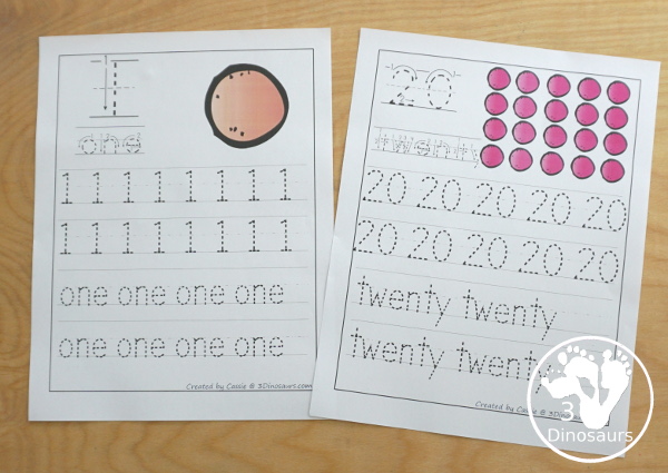 Free Number 1 to 20 Handwriting Printables - working tracing numbers 1 to 20 with number digit and number word - These a great handwriting tools for kids in kindergarten  - 3Dinosaurs.com