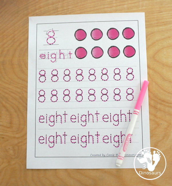 Free Number 1 to 20 Handwriting Printables - working tracing numbers 1 to 20 with number digit and number word - These a great handwriting tools for kids in kindergarten  - 3Dinosaurs.com