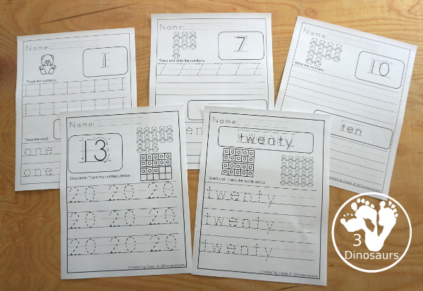 Number 1 to 20 Writing Printables with five number tracing options you can use with kids tracing, tracing & writing, writing, tracing number only, and tracing number word only. - These a great handwriting tools for kids in kindergarten  - 3Dinosaurs.com