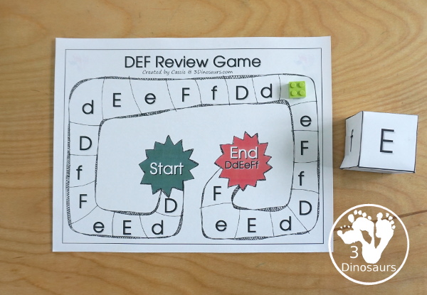 Free Romping and Roaring DEF Review Pack - with letter d, letter e, and letter f printables for reviewing the three letters with tracing, puzzles, coloring pages, finger puppets, game and more - 3Dionsaurs.com