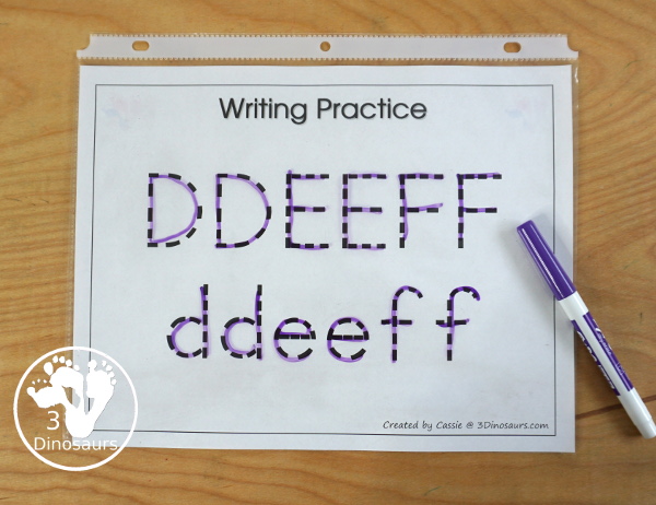 Free Romping and Roaring DEF Review Pack - with letter d, letter e, and letter f printables for reviewing the three letters with tracing, puzzles, coloring pages, finger puppets, game and more - 3Dionsaurs.com