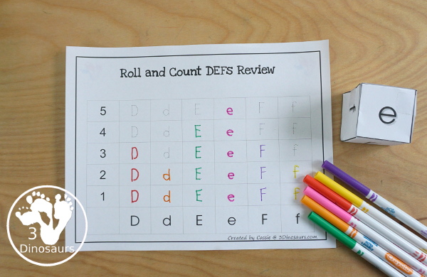 Free Romping and Roaring DEF Review Pack - with letter d, letter e, and letter f printables for reviewing the three letters with tracing, puzzles, coloring pages, finger puppets, game and more - 3Dionsaurs.com