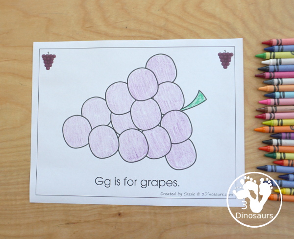 Free Romping & Roaring G Pack Letter Pack: G is for Grape - a letter G pack that has prewriting, finding letters, tracing letters, coloring pages, shapes, puzzles and more - 3Dinosaurs.com