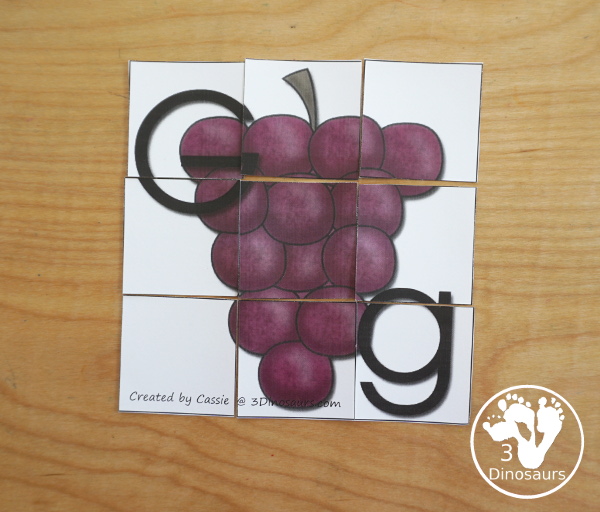Free Romping & Roaring G Pack Letter Pack: G is for Grape - a letter G pack that has prewriting, finding letters, tracing letters, coloring pages, shapes, puzzles and more - 3Dinosaurs.com