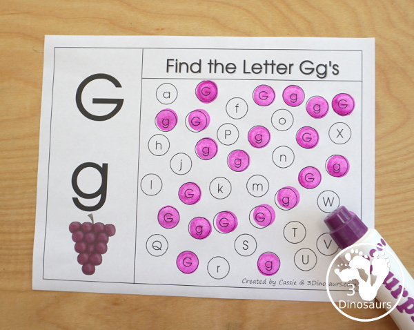 Free Romping & Roaring G Pack Letter Pack: G is for Grape - a letter G pack that has prewriting, finding letters, tracing letters, coloring pages, shapes, puzzles and more - 3Dinosaurs.com