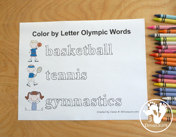 Free Summer Olympic Pack Extra: Color by Letter - with 30 words for kids to color and learn with summer sport themes - 3Dinosaurs.com 