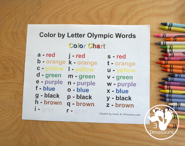 Free Summer Olympic Pack Extra: Color by Letter - with 30 words for kids to color and learn with summer sport themes - 3Dinosaurs.com 