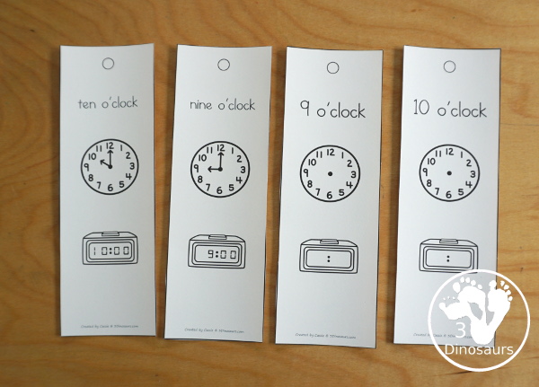 Telling Time Bookmark Set - with Hourly, Hourly & half Hour, Every 15 minute bookmarks, telling time every five minute bookmarks with filled in and blank set to fill out - 3Dinosaurs.com